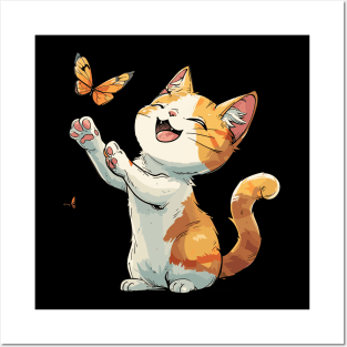 A Cute Cat Trying to Catch a Butterfly Posters and Art